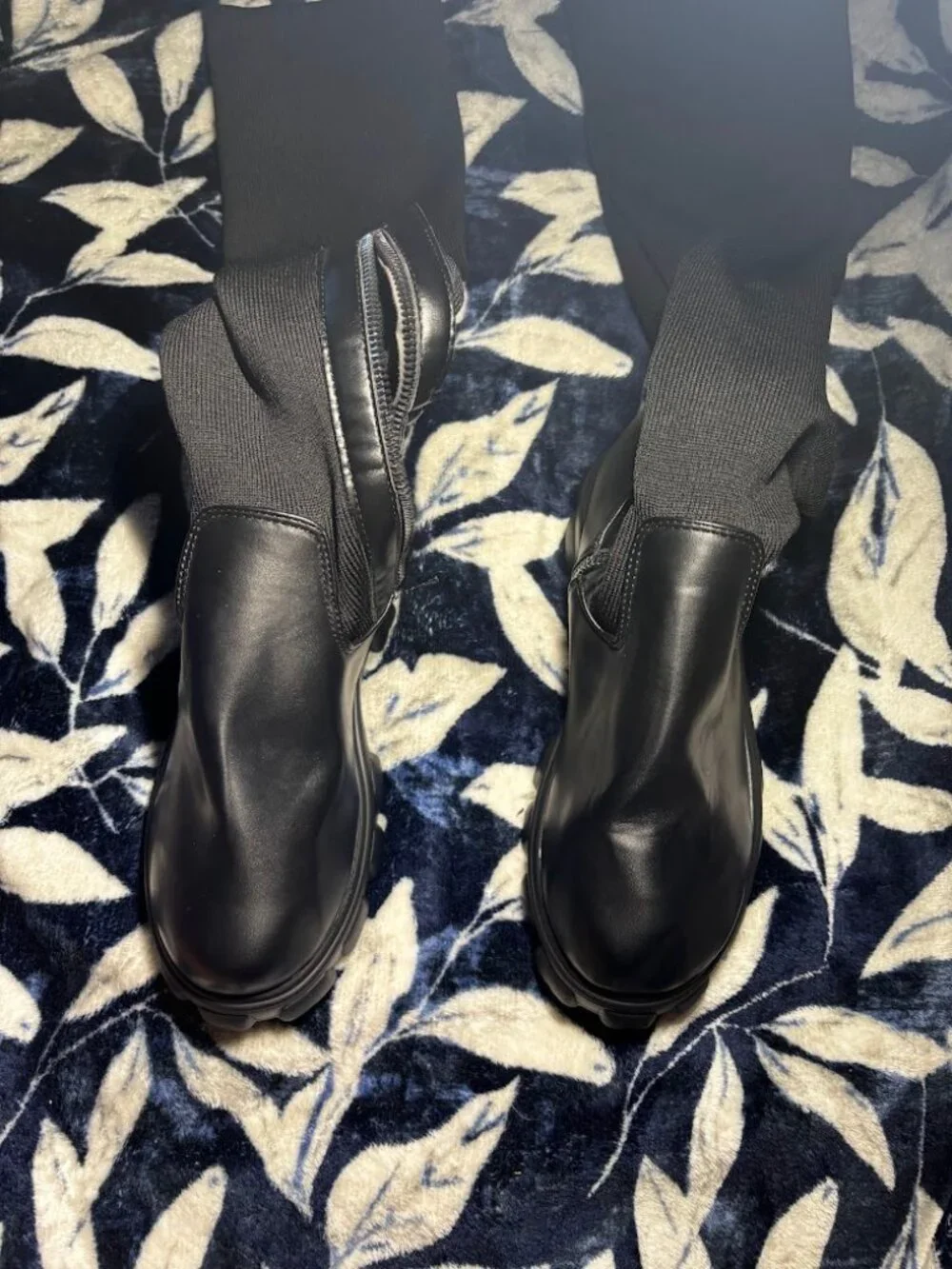 Black Knit Sock Boots Lug Sole Over-the-Knee Size 39